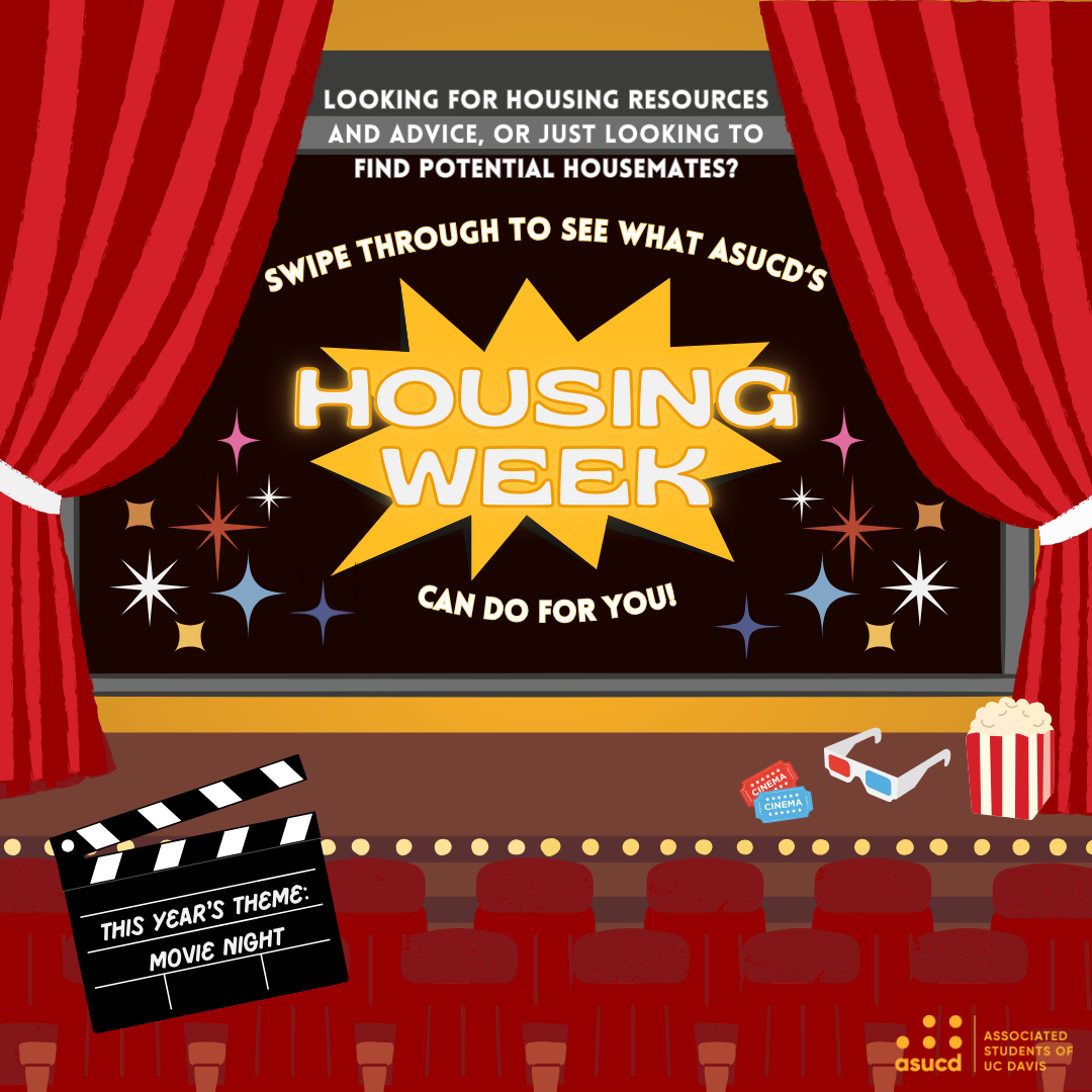 A movie theater with the words, "Swipe through to see what ASUCD's Housing Week can do for you!". This year's theme is movie night.