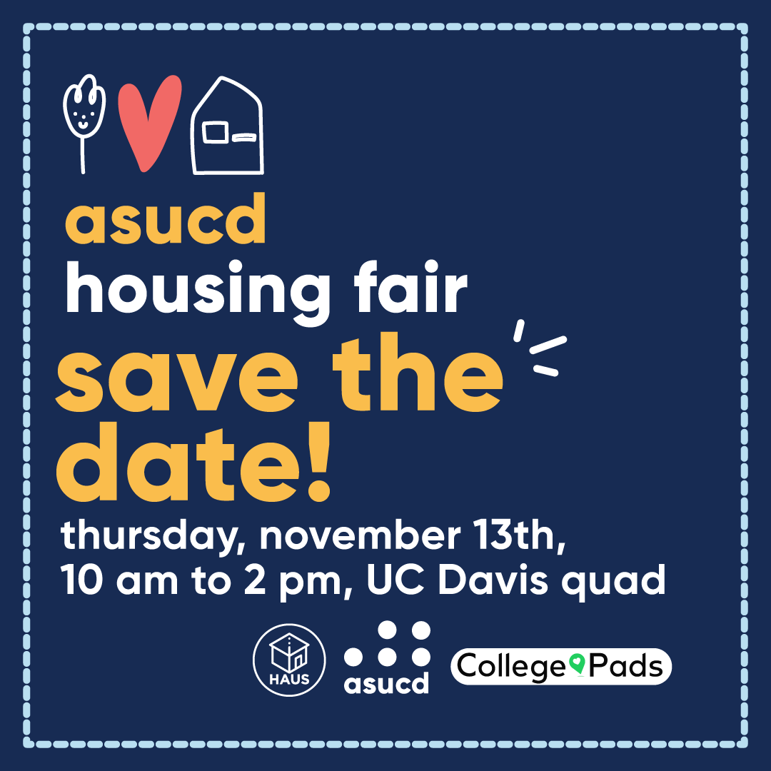 Blue background with small housing doodles with the asucd housing fair information