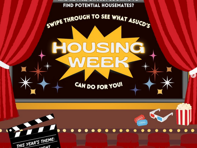 1. Graphic: Movie theater stage presenting ASUCD Housing Week. Reads: “Looking for housing resources and advice, or just looking to find potential housemates? Swipe through to see what ASUCD’s Housing Week can do for you! This year’s theme: Movie Night.” Surrounding elements: Movie tickets, 3D glasses, popcorn, and stars. 2. Graphic: Red carpet presenting information about Roommate day. Surrounding elements: White and gold stars, tickets, a clap board, and gold railings. 3. Graphic: Brick wall with two movi