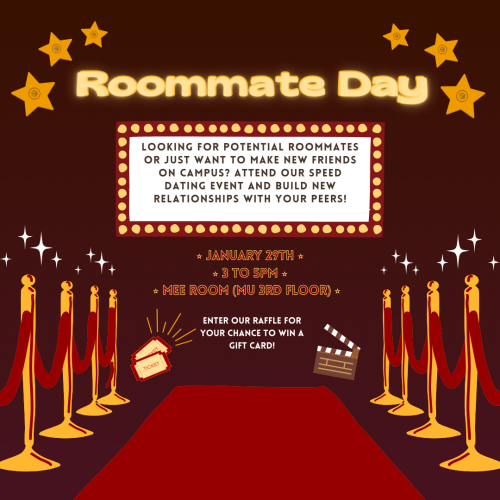 Red carpet presenting information about Roommate day. Surrounding elements: White and gold stars, tickets, a clap board, and gold railings.