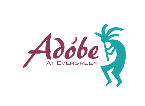 Purple text that reads "Adobe at Evergreen" with a drawing of a person playing an instrument.