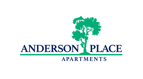 Dark blue text that reads "Anderson Place Apartments" with a drawing of a green tree.