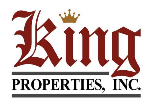 Text that reads "King Properties, Inc."  in black and red font. 
