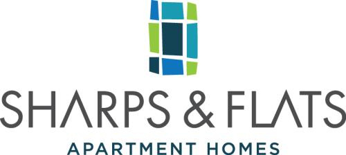 Black and blue text reading, "Sharps & Flats Apartment Homes"