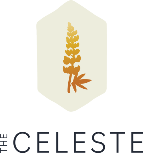 In black text it reads "The Celeste" with a picture of a leaf with a yellow to orange gradient. 