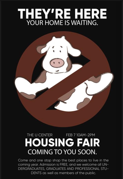 A cartoon cow depicted with a red cross out circle over it, similarly to the ghost busters poster.